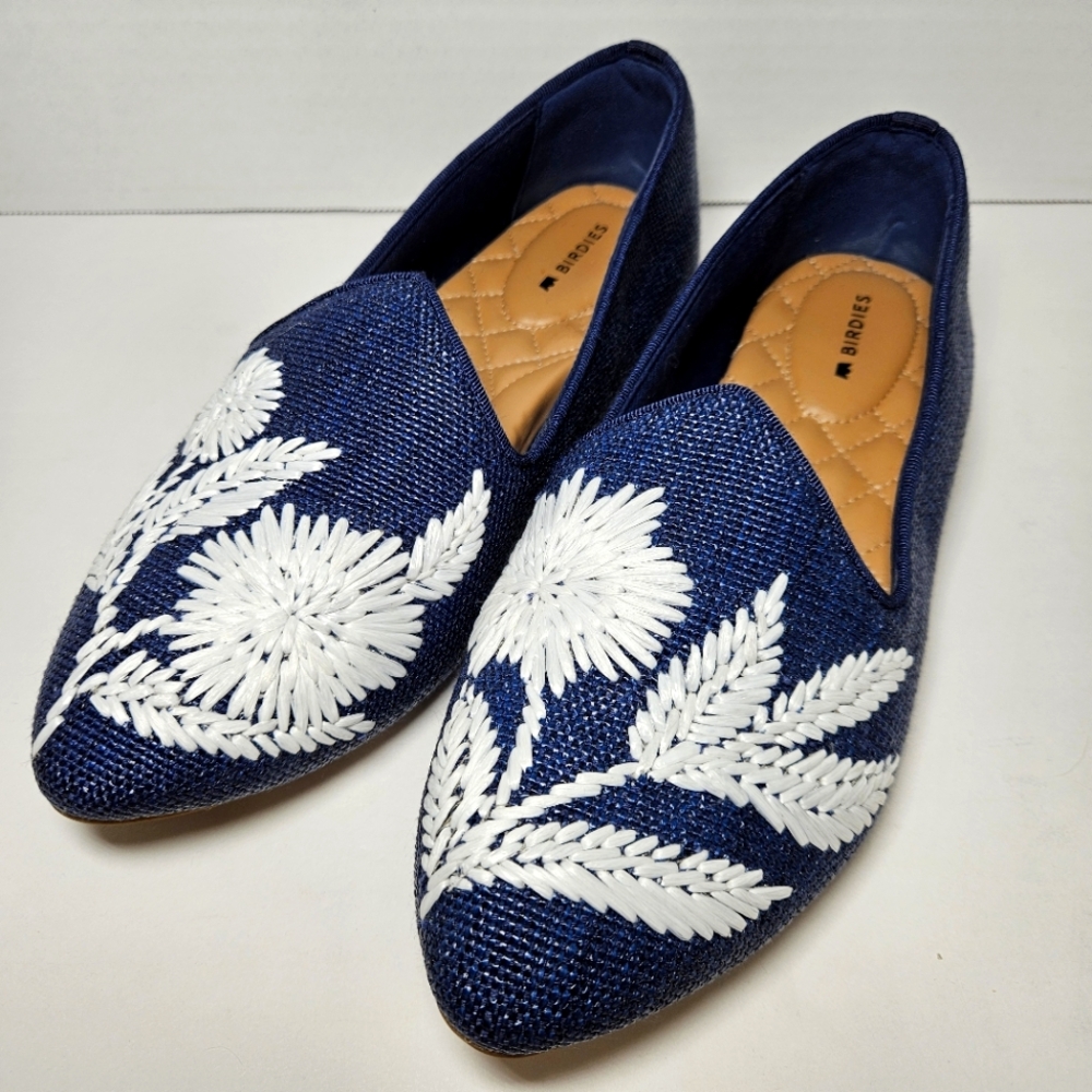 Birdies The Heron Navy Floral Embroidered Raffia Flats Women's Sz 8 Ltd Edition